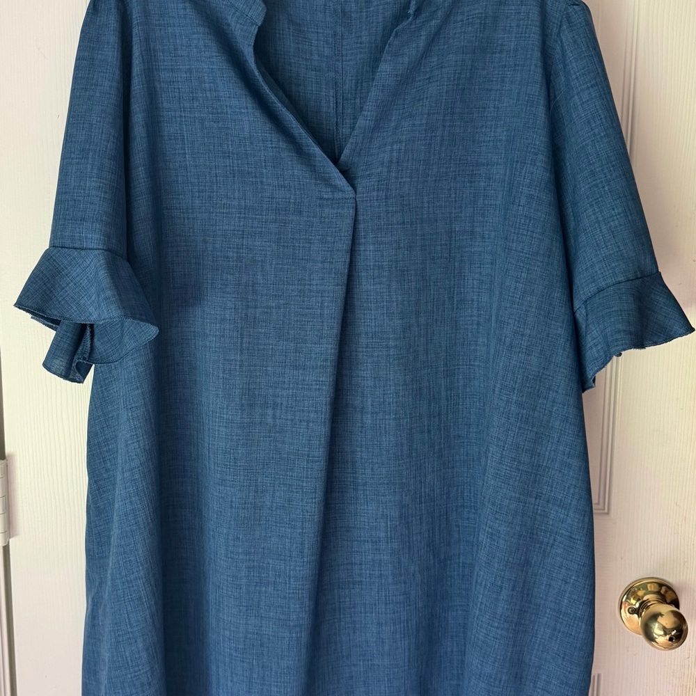 SHEIN Blue Textured V-Neck Ruffle Sleeve Dress